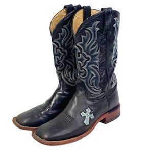 Tony Lama Black Turquoise Cross Square Toe Western Rodeo Cowboy Boot Womens 8.5